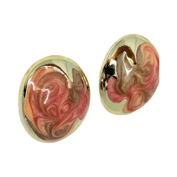 Don Lin Pink & Gold Swirl Large Statement Earrings 1 1/8" 80s Signed Buttons - Picture 2 of 11